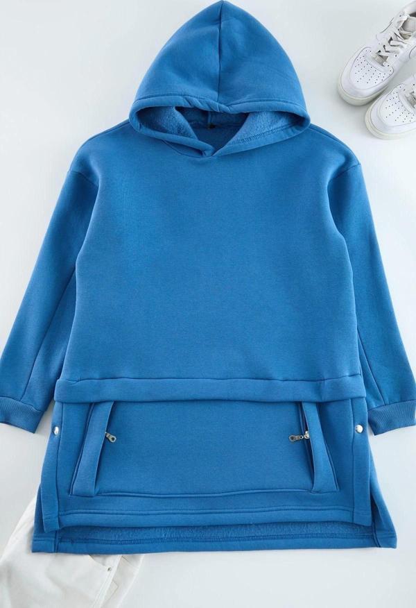 Tesettür Tarz Regular Kapüşonlu Düşük Kol Uzun Cep Detaylı Örme Sweatshirt - Image 1