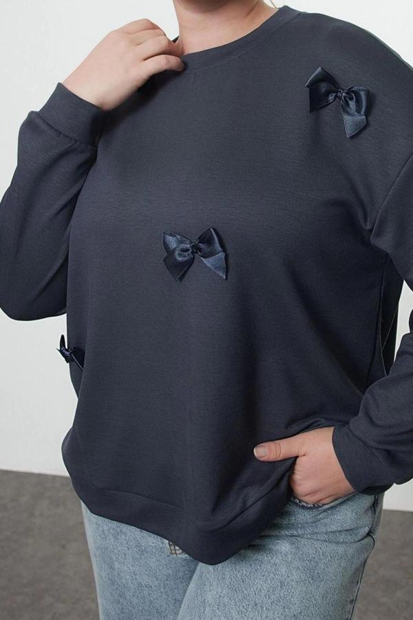 Büyük Beden Oversize Bisiklet Yaka Standart Kol Gri Kurdele Detaylı Tarzl Örme Sweatshirt - Image 1
