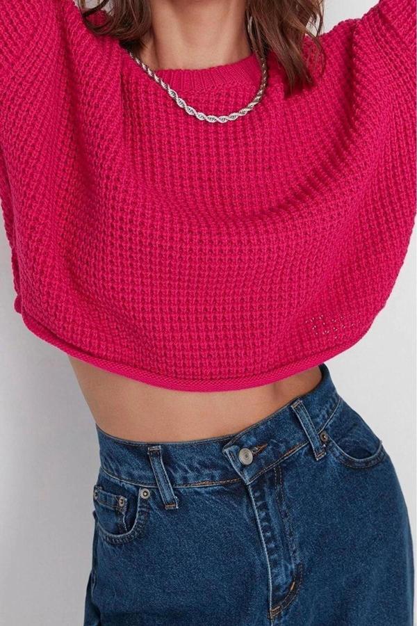 Stil Modern Kadın Crop Düşük Kol Bisiklet Yaka Geniş Kalıp Triko Kazak - Image 1