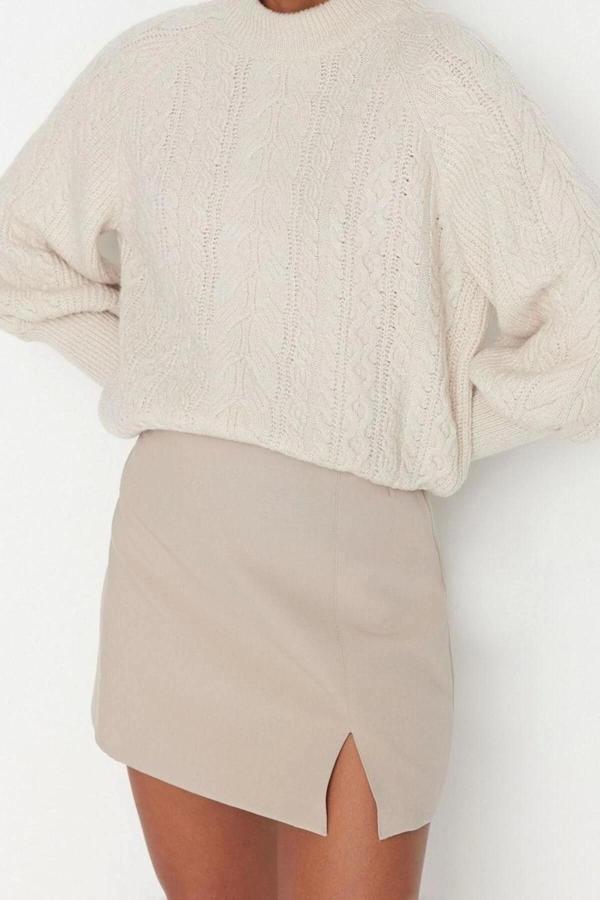 Kadın Modern Tarz Rahat Uzun Dik Yaka Saç Örgü Kol Regular Triko Kazak - Image 1