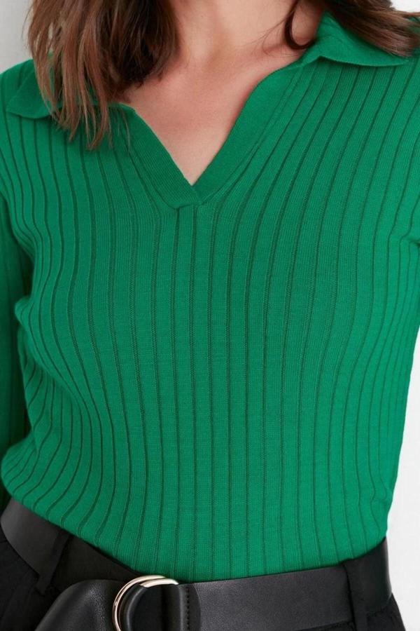 Kadın Modern Tarz Rahat Uzun Polo Yaka Düz Kol Regular Triko Kazak - Image 1