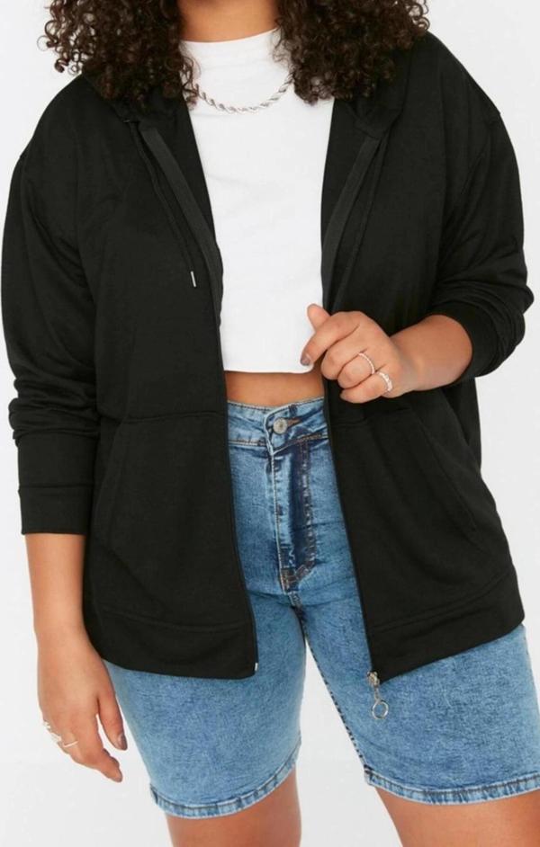 Büyük Beden Tarz Relaxed Kapüşonlu Düşük Kol Uzun Fermuarlı İnce Örme Sweatshirt - Image 1