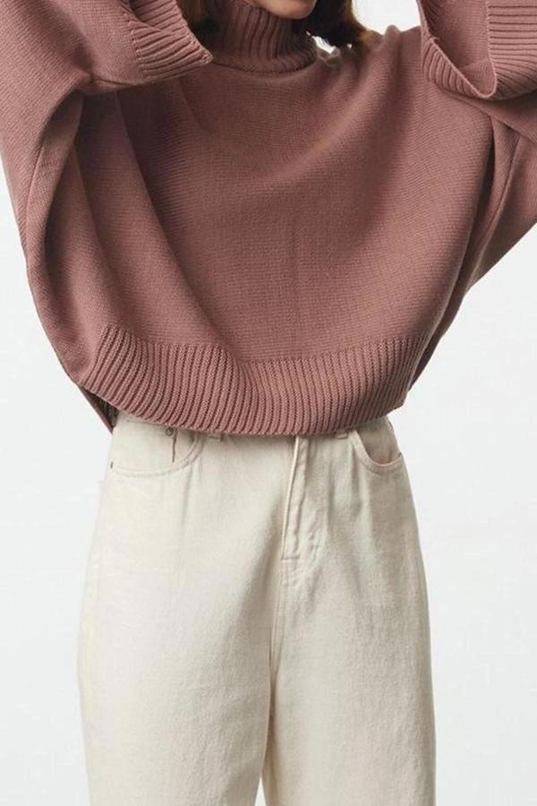 Stil Modern Kadın Regular Düşük Kol Dik Yaka Geniş Kalıp Yarasa Kol Triko Kazak - Image 1