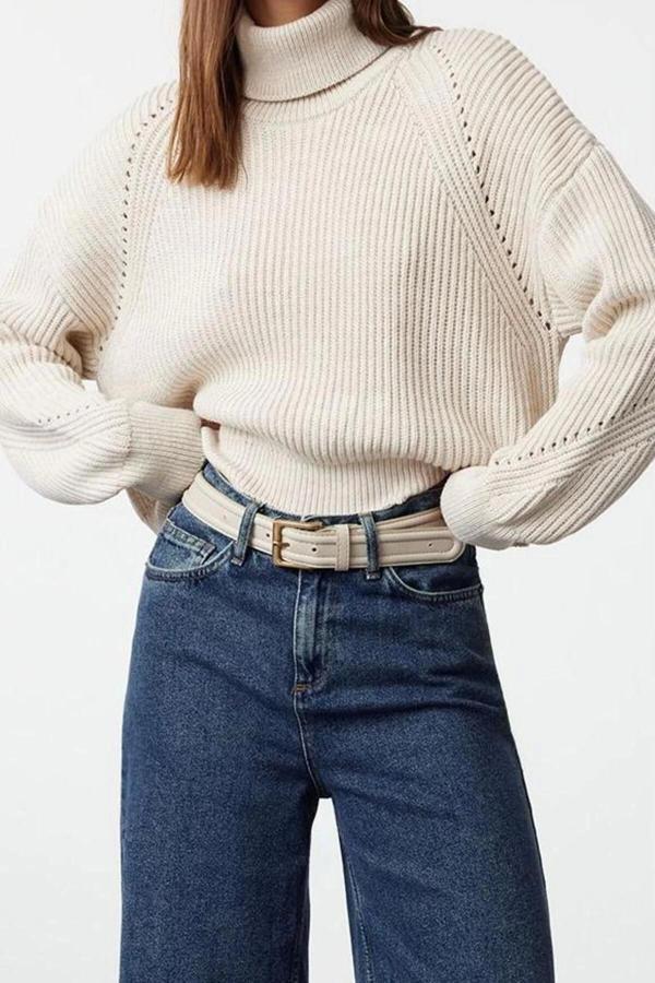 Stil Modern Kadın Crop Reglan Kol Balıkçı Yaka Triko Kazak - Image 1