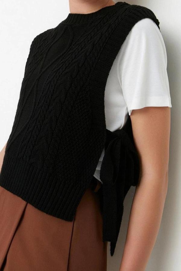 Kadın Modern Tarz Rahat Kolsuz Bisiklet Yaka Saç Örgü Kol Crop Triko Süveter - Image 1