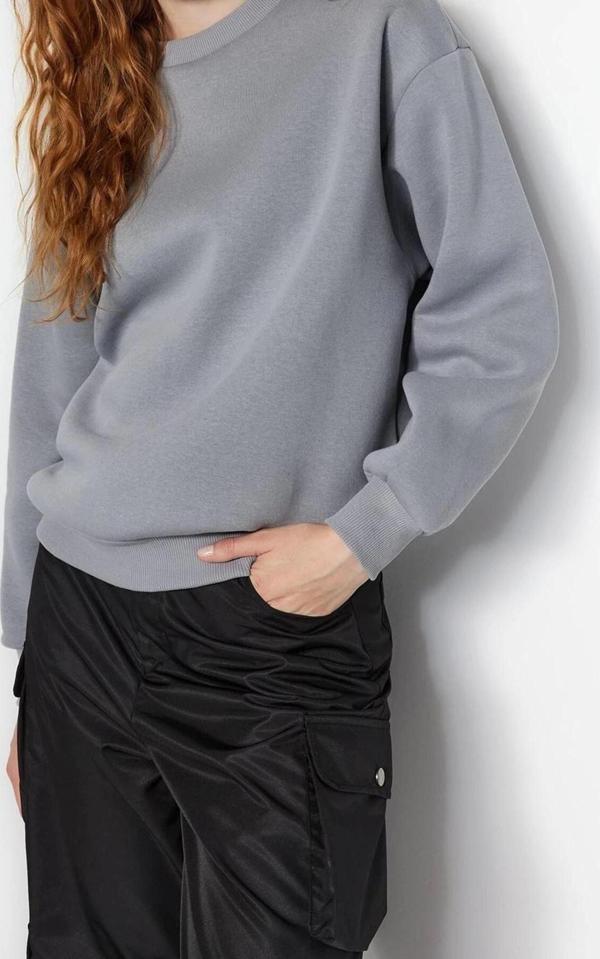 Regular Bisiklet Yaka Düşük Kol Regular Kalın İçi Polarlı Normal Kalıp Basic Örme Sweatshirt - Image 1