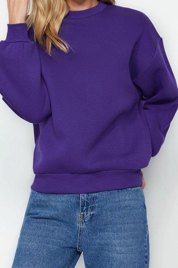 Regular Bisiklet Yaka Düşük Kol Regular Kalın İçi Polarlı Normal Kalıp Basic Örme Sweatshirt - Image 1