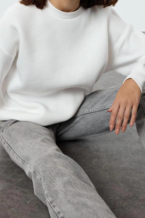 Tarz Oversize Bisiklet Yaka Düşük Kol Uzun Rahat Kesim Basic Kalın İçi polarlı Örme Sweatshirt - Image 1