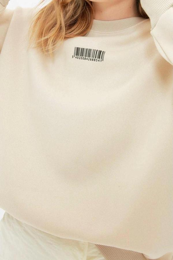 Bisiklet Yaka Balon Kol Kalın İçi Polarlı Minimal Baskılı Balon Kol Örme Sweatshirt - Image 1