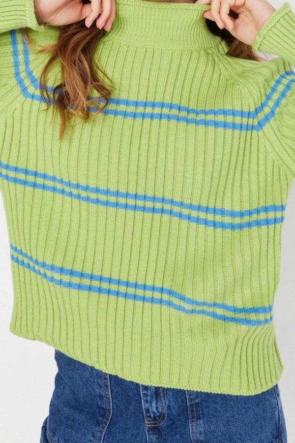 Stil Modern Kadın Regular Reglan Kol Dik Yaka Çizgili Triko Kazak - Image 1