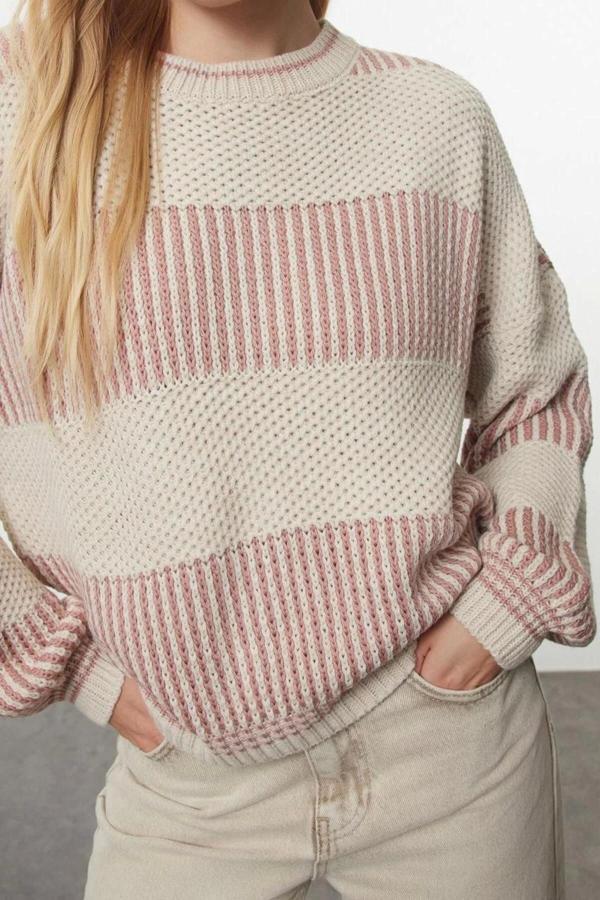 Stil Modern Kadın Regular Standart Kol Bisiklet Yaka Renk Bloklu Triko Kazak - Image 1