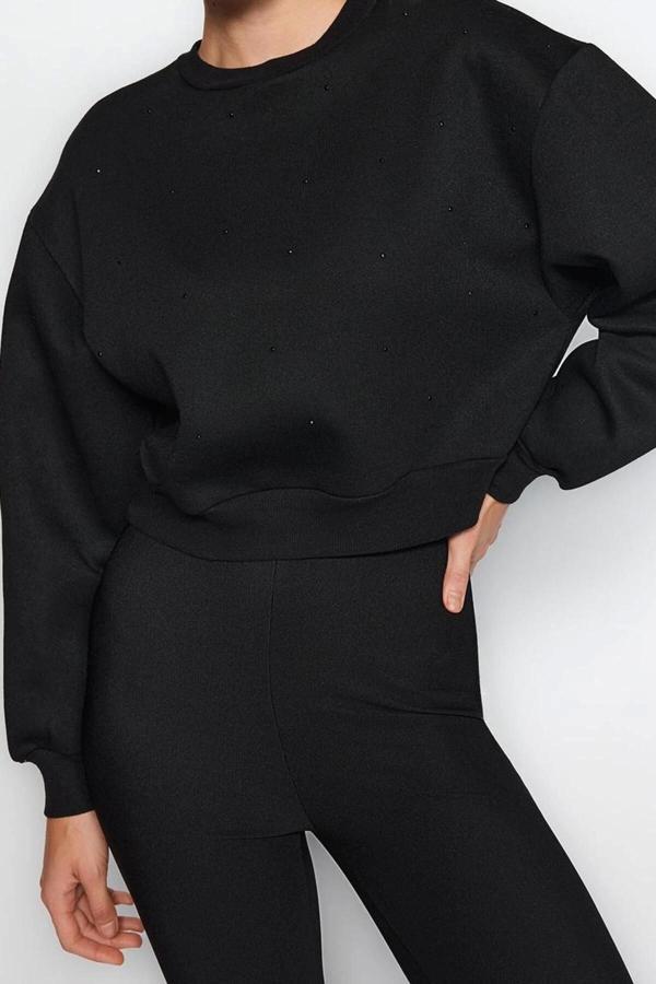 Bisiklet Yaka Düşük Kol Kalın İçi Polarlı Taş Detaylı Normal Kalıp Örme Sweatshirt - Image 1