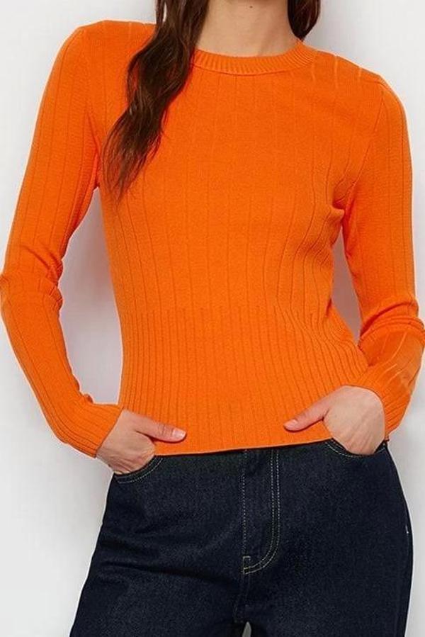 Kadın Modern Tarz Rahat Uzun Bisiklet Yaka Düz Kol Regular Triko Kazak - Image 1