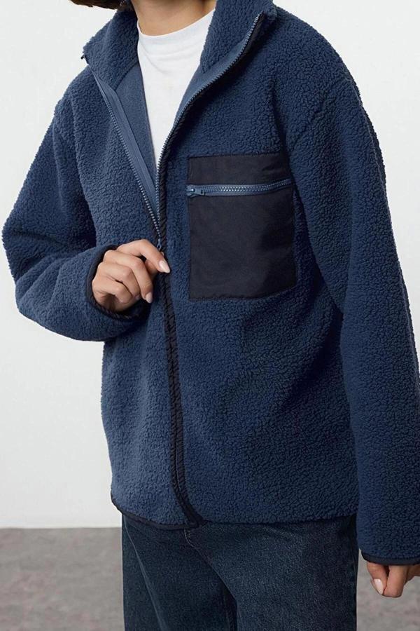 Tarz Oversize Dik Yaka Standart Kol Uzun Polar Fermuarlı Uzun Kol Cep Detaylı Örme Sweatshirt - Image 1