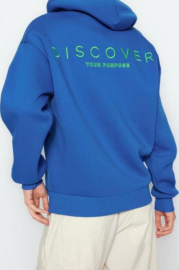 Tarz Bol Kapüşonlu Düşük Kol Uzun Sırt Baskılı Geniş Kalıp Kalın İçi Polarlı Örme Sweatshirt - Image 1