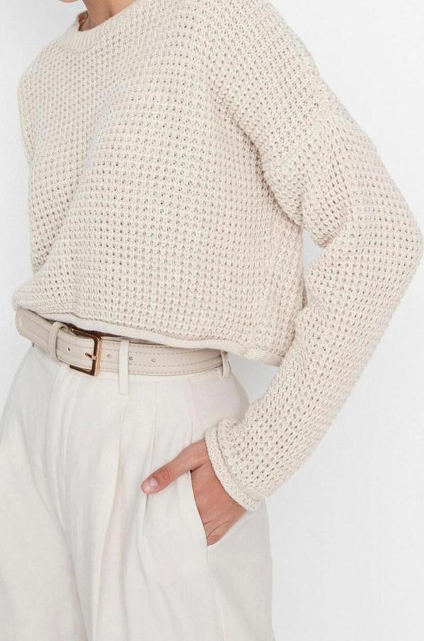 Stil Modern Kadın Crop Düşük Kol Bisiklet Yaka Geniş Kalıp Triko Kazak - Image 1