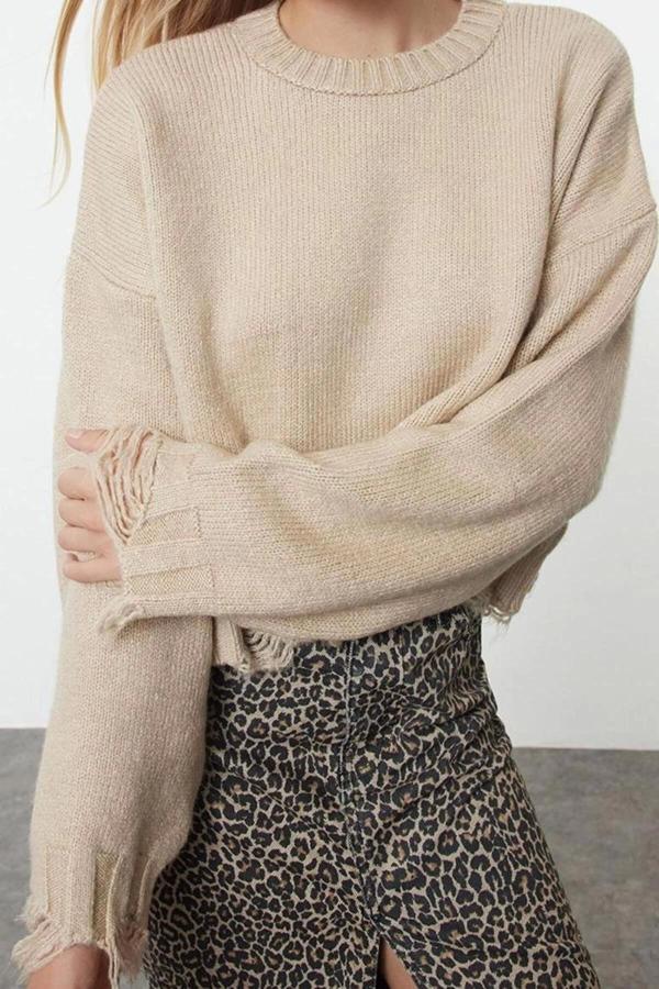 Stil Modern Kadın Crop Düşük Kol Bisiklet Yaka Süper Geniş Kalıp Yumuşak Dokulu Triko Kazak - Image 1