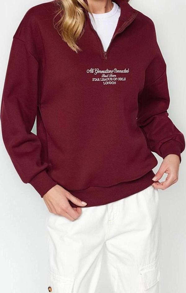 Tarz Bol Fermuarlı Yaka Düşük Kol Uzun Kalın İçi Polarlı Fermuarlı Geniş Kalıp Örme Sweatshirt - Image 1