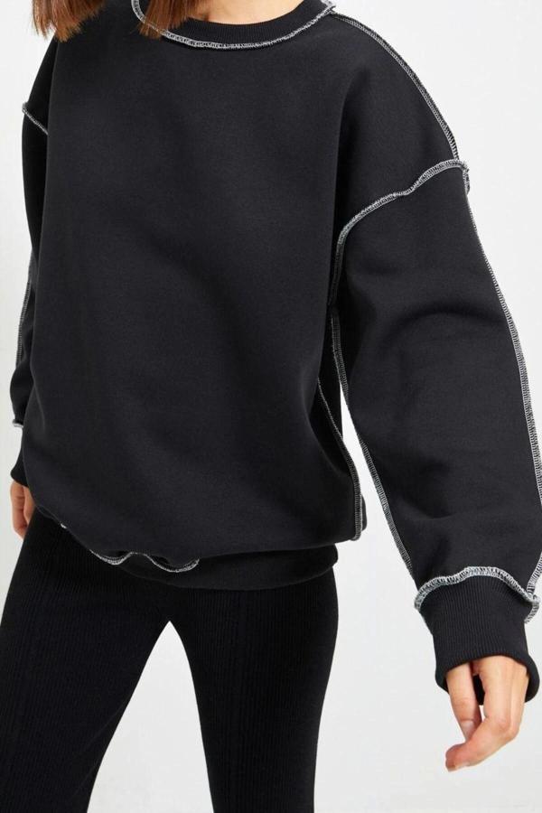 Bol Bisiklet Yaka Düşük Kol Uzun Normal Kalıp Karyoka Dikişli Kalın Polarlı Örme Sweatshirt - Image 1