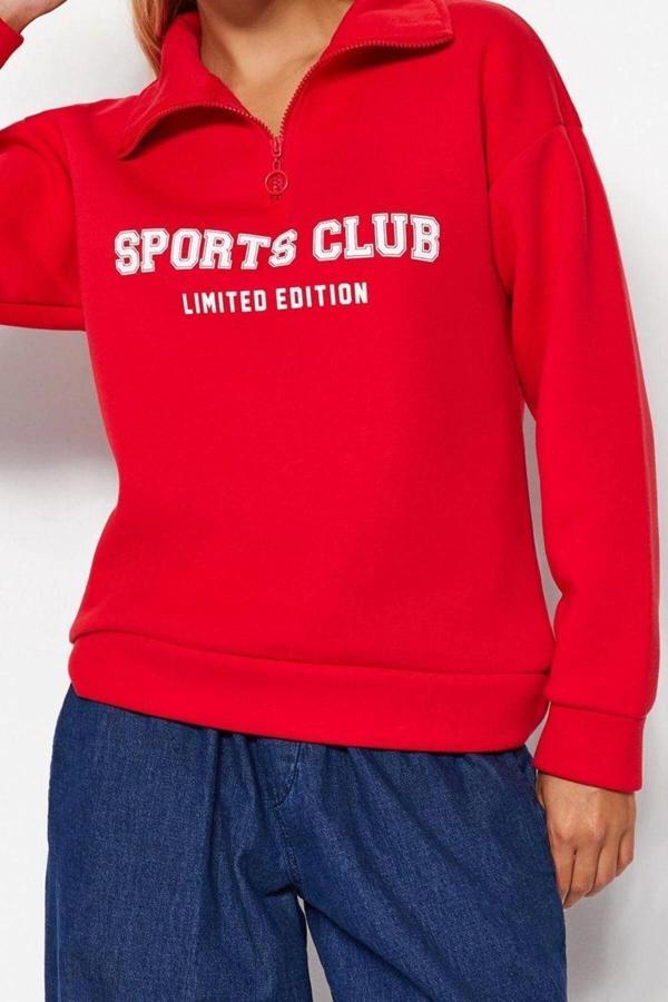 Bol Fermuarlı Yaka Düşük Kol Uzun Normal Kalıp Sloganlı Fermuarlı Kalın İçi Polarlı Sweatshirt - Image 1