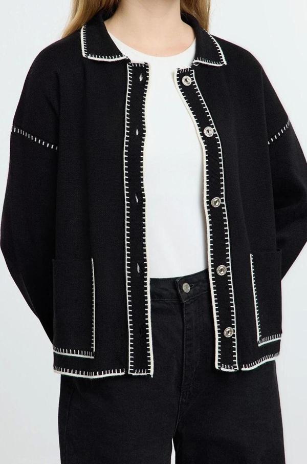 Stil Modern Kadın Regular Standart Kol Polo Yaka Renk Bloklu Triko Hırka - Image 1