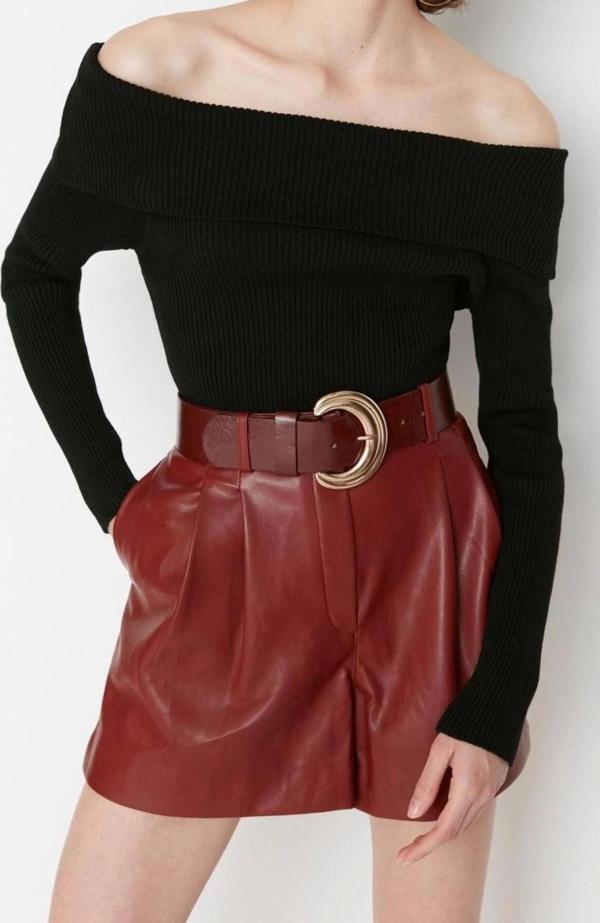 Kadın Modern Tarz Rahat Uzun Carmen Yaka Düz Kol Crop Triko Kazak - Image 1