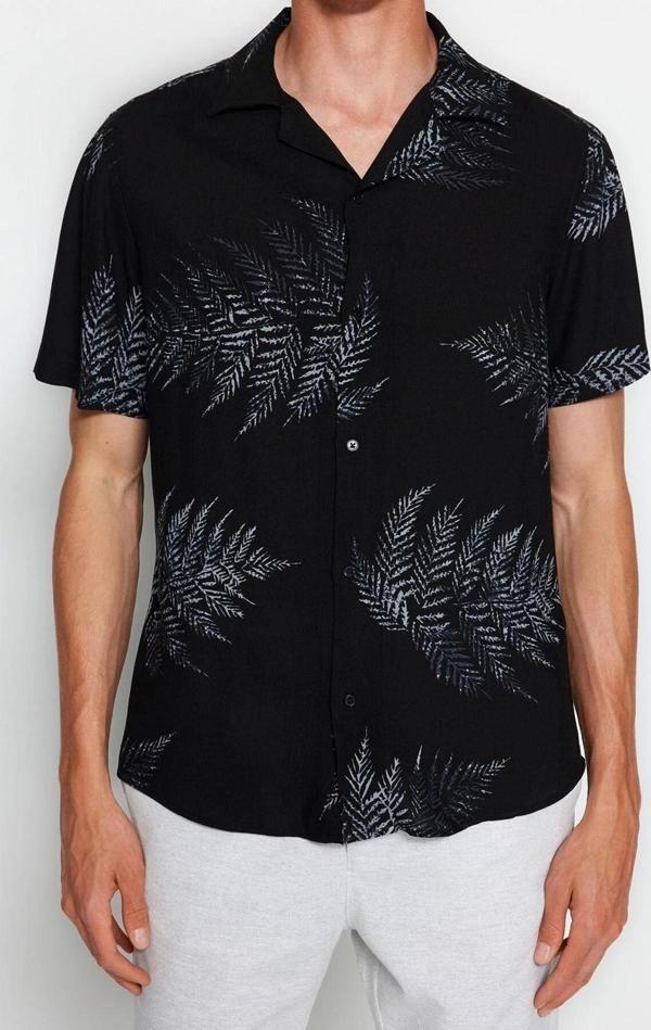 Moda Erkek Apaş Yaka Tropikal Desen Günlük Regular Fit Apaş Yaka Kısa Kol Dökümlü Gömlek - Image 1