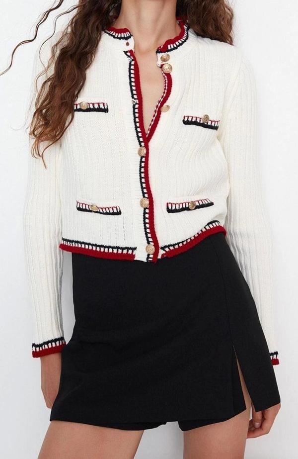 Kadın Modern Tarz Regular Bisiklet Yaka Crop Triko Hırka - Image 1