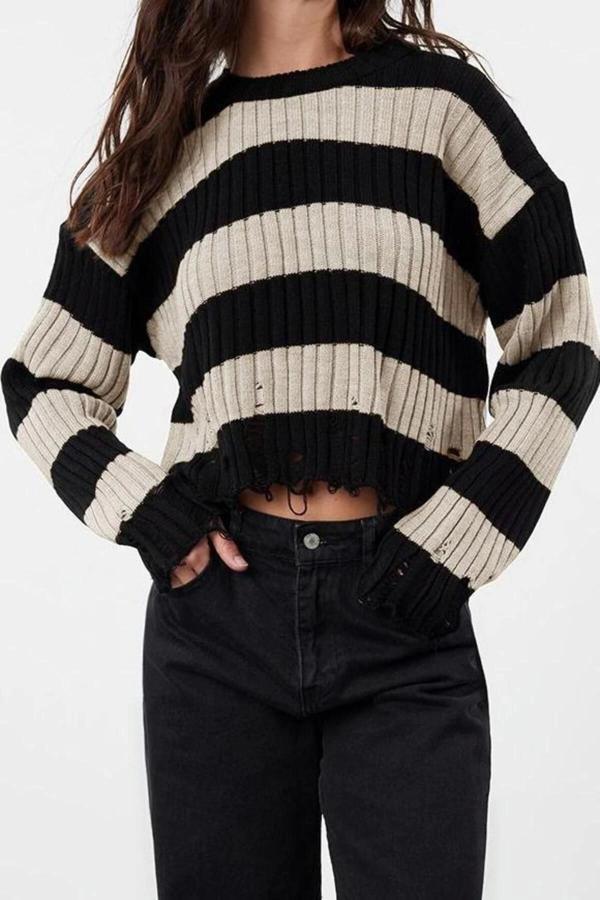 Stil Modern Kadın Crop Düşük Kol Bisiklet Yaka Geniş Kalıp Çizgili Triko Kazak - Image 1