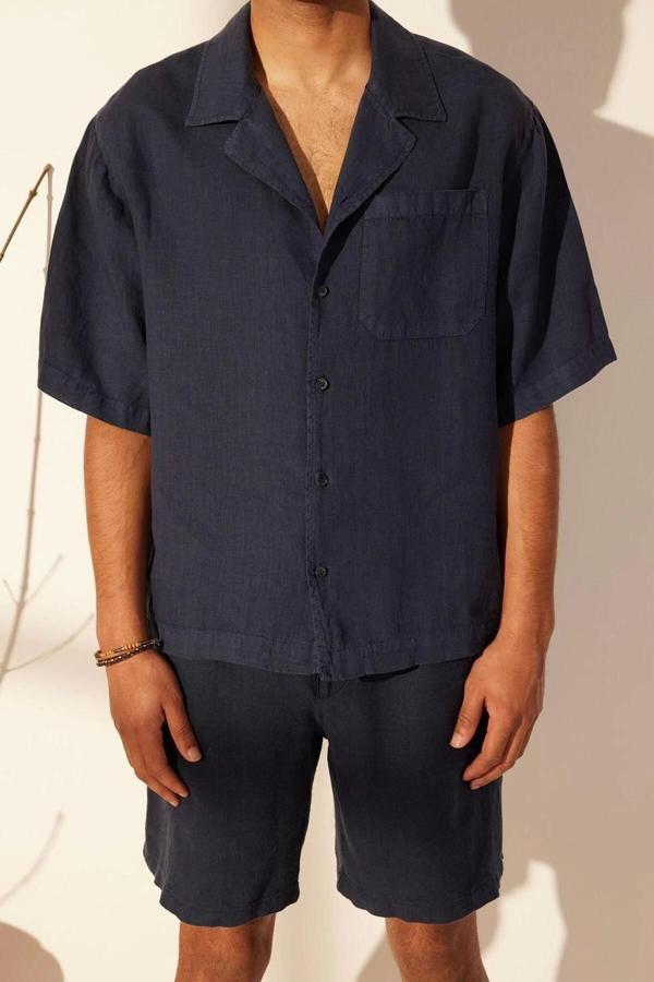Moda Erkek Apaş Yaka Düz Desen Günlük %100 Keten Oversize Fit Gömlek - Image 1