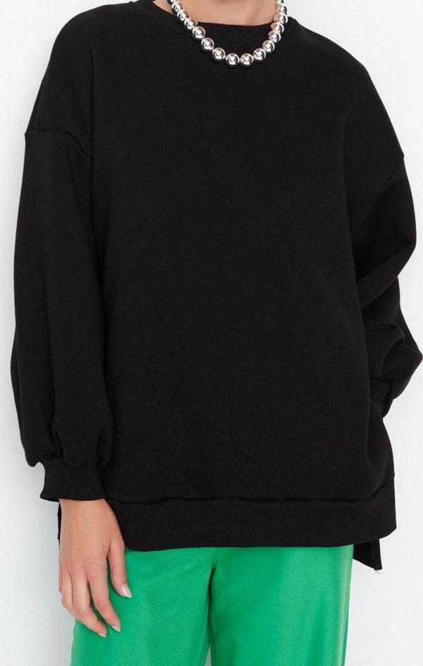 Oversize Bisiklet Yaka Düşük Kol Uzun Geniş Kalıp Yırtmaç Kalın İçi Polarlı Örme Sweatshirt - Image 1