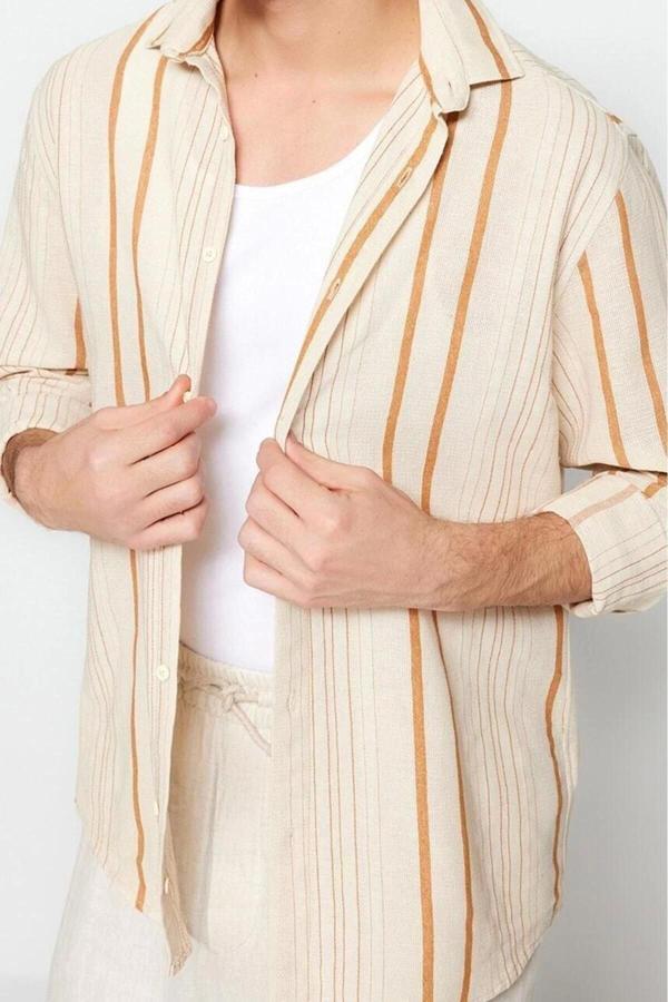Moda Erkek Gömlek Yaka Çizgili Desen Günlük Regular Fit Çizgili Keten Dokulu Gömlek - Image 1