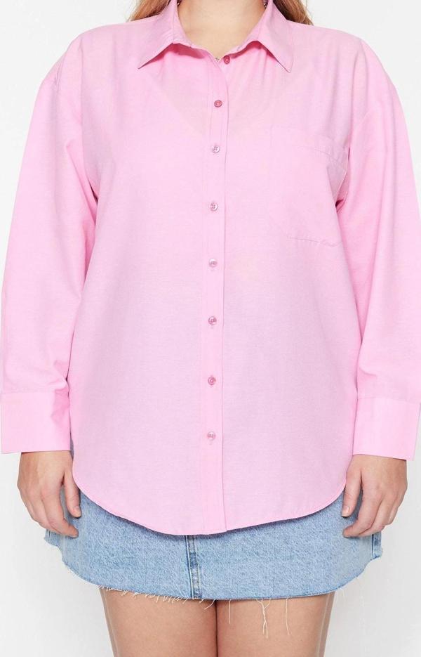 Moda Kadın Büyük Beden Gömlek Yaka Düz Desen Günlük Boyfriend Dokuma Gömlek - Image 1