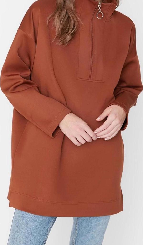 Tesettür Tarz Regular Dik Yaka Düşük Kol Regular Fermuar Detaylı Dalgıç Scuba Örme Sweatshirt - Image 1