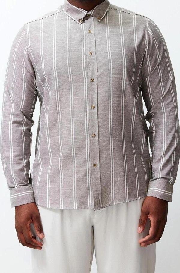 Moda Erkek Büyük Beden Düğmeli Yaka Çizgili Günlük Regular Fit Rahat Kolay Ütülenebilir Gömlek - Image 1