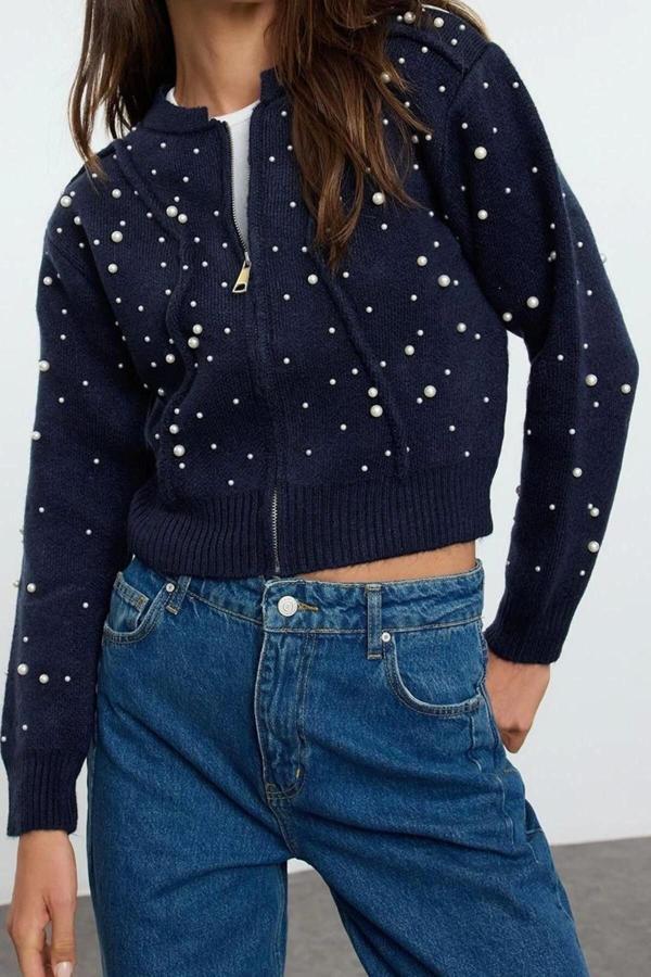 Stil Kadın Regular Standart Kol Bomber Yaka Yumuşak Fermuarlı Taşlı Ceket Görünümlü Triko Hırka - Image 1