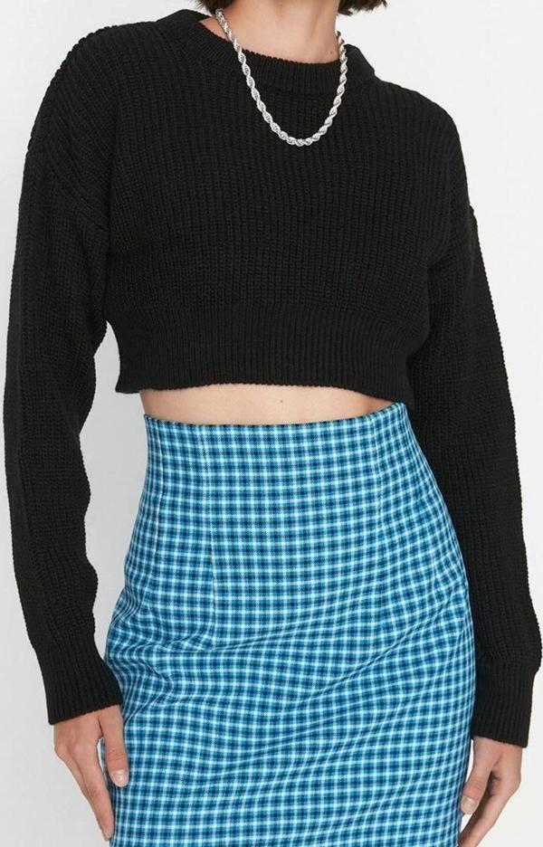Stil Modern Kadın Crop Düşük Kol Bisiklet Yaka Super Basic Triko Kazak - Image 1