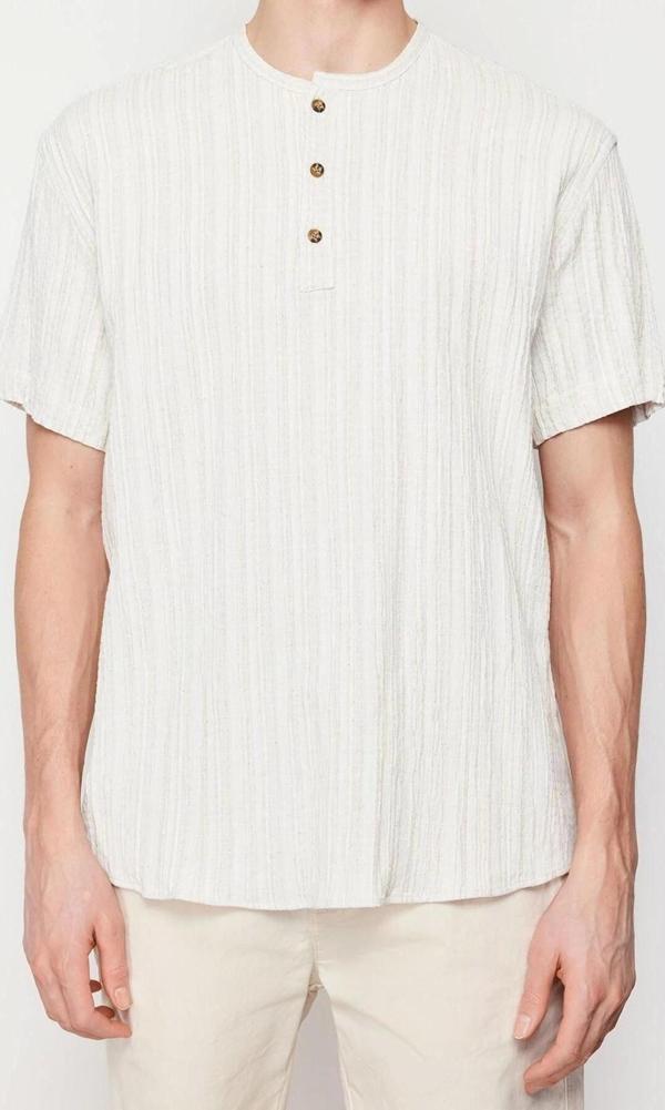 Moda Erkek Bisiklet Yaka Düz Desen Günlük Keten İçerikli Oversize Fit Gömlek - Image 1