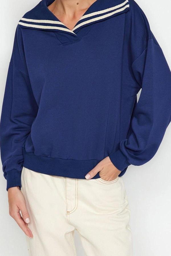 Regular Polo Yaka Standart Kol Regular Geniş Kalıp Triko Yaka Detaylı Diagonel Örme Sweatshirt - Image 1