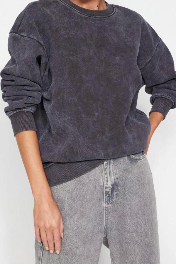 Tarz Bol Bisiklet Yaka Düşük Kol Uzun Eskitme Kalın İçi Polarlı Geniş Kalıp Örme Sweatshirt - Image 1