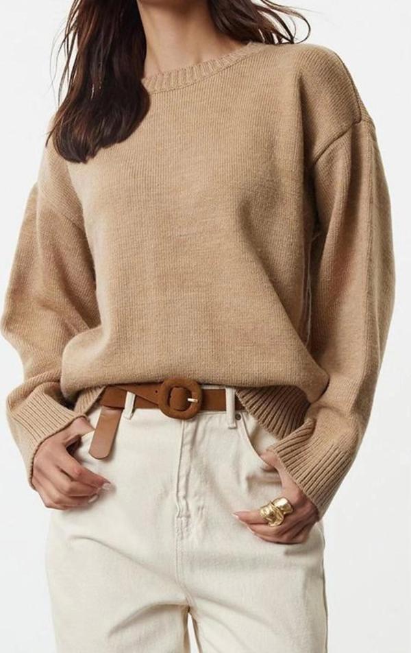 Stil Modern Kadın Regular Standart Kol Bisiklet Yaka Geniş Kalıp Yumuşak Dokulu Triko Kazak - Image 1