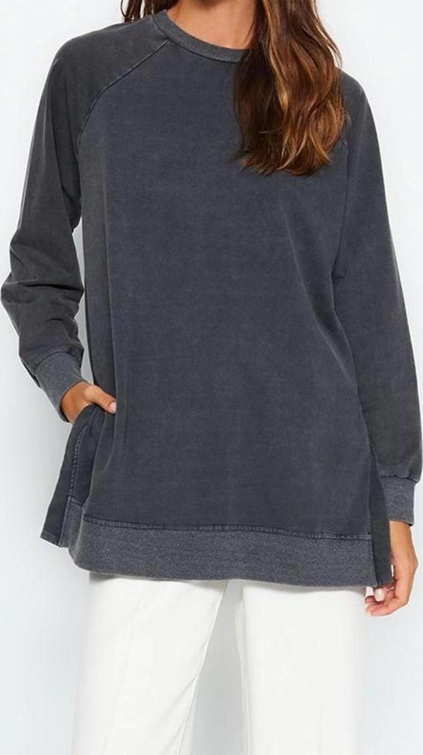 Tesettür Tarz Regular Bisiklet Yaka Standart Kol Regular Yıkamalı Örme Sweatshirt - Image 1