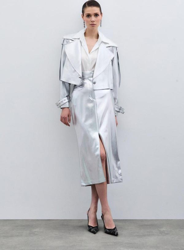 Yırtmaçlı Parlak Kalem Etek - Gümüş - Image 1