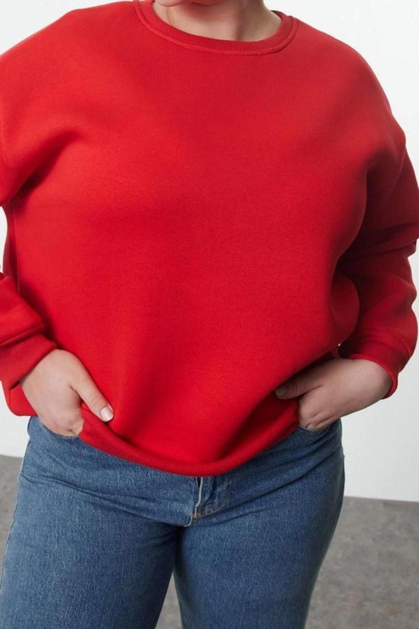 Büyük Beden Oversize Bisiklet Yaka Bej Rahat Kesim Basic Kalın polarlı Örme Sweatshirt - Image 1