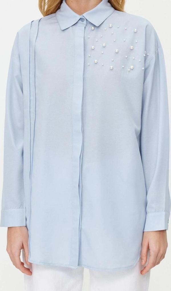 Moda Kadın Tesettür Gömlek Yaka Düz Desen Günlük İnci Detaylı Pamuklu Dokuma Gömlek - Image 1