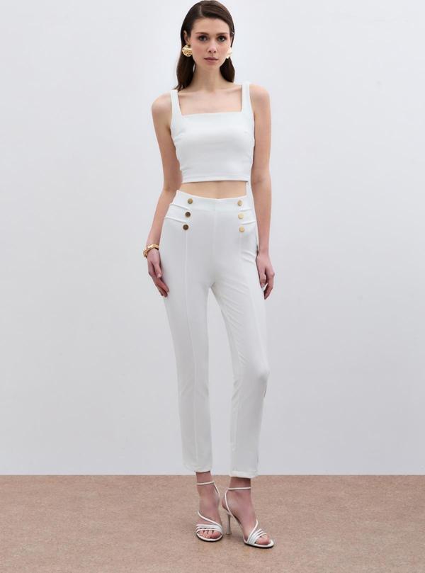 Düğme Detaylı Pantolon - Ekru - Image 1