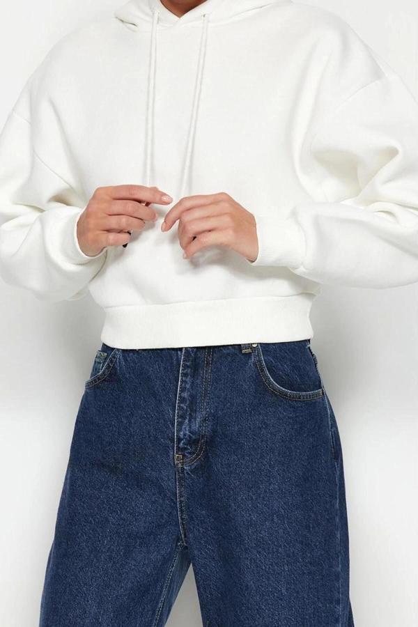 Tarz Relaxed Kapüşonlu Düşük Kol Crop Kalın İçi Polarlı Rahat Kesim Crop Basic Örme Sweatshirt - Image 1