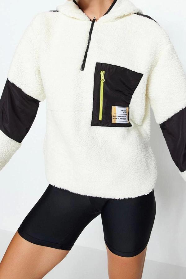 Oversize Fermuarlı Yaka Düşük Kol Paraşüt Kumaş Detaylı Peluş Geniş Kalıp Örme Spor Sweatshirt - Image 1