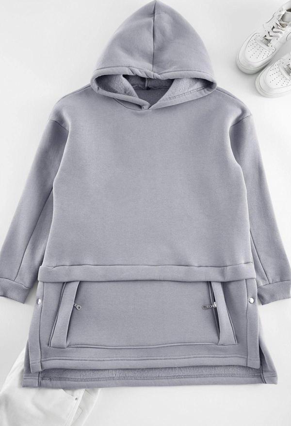 Tesettür Tarz Regular Kapüşonlu Düşük Kol Uzun Cep Detaylı Örme Sweatshirt - Image 1