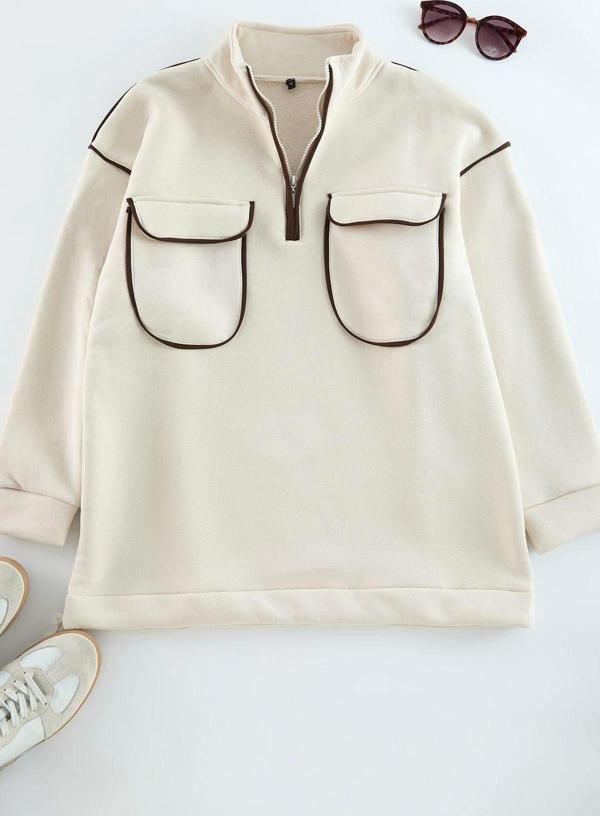 Tesettür Tarz Oversize Dik Yaka Standart Kol Uzun Fermuar ve Cep Detaylı Sweatshirt - Image 1